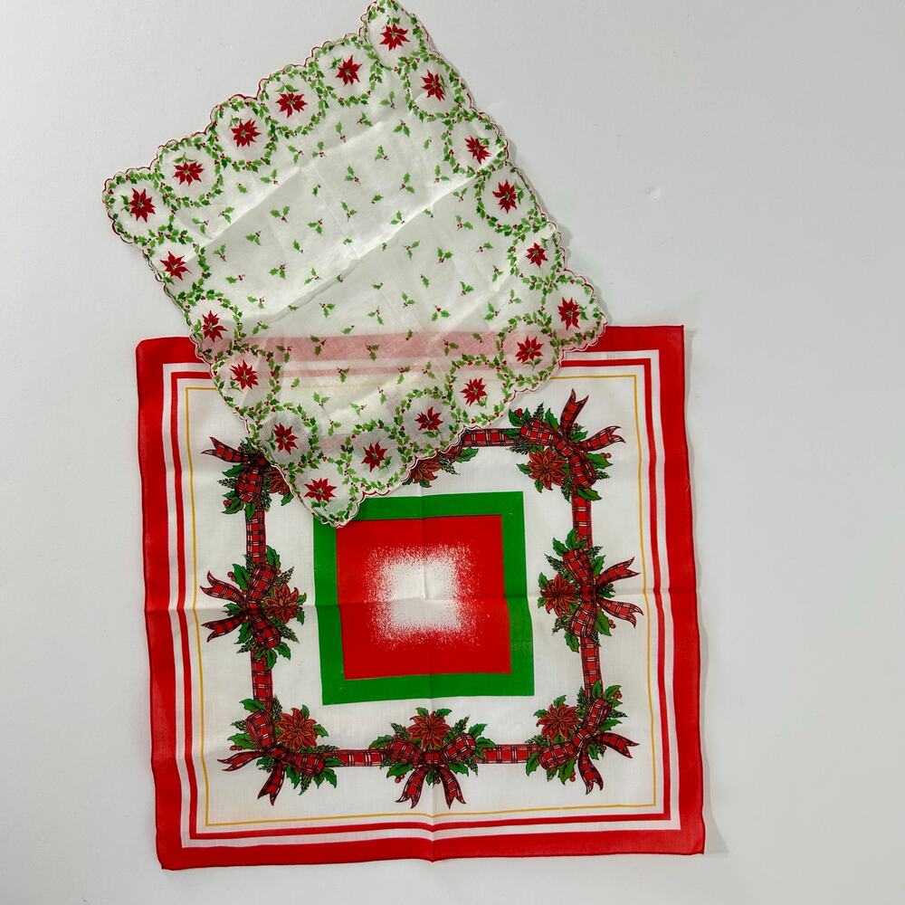 Vintage Christmas Handkerchief Lot of 2 Poinsettia Red Bow Holiday Scallop